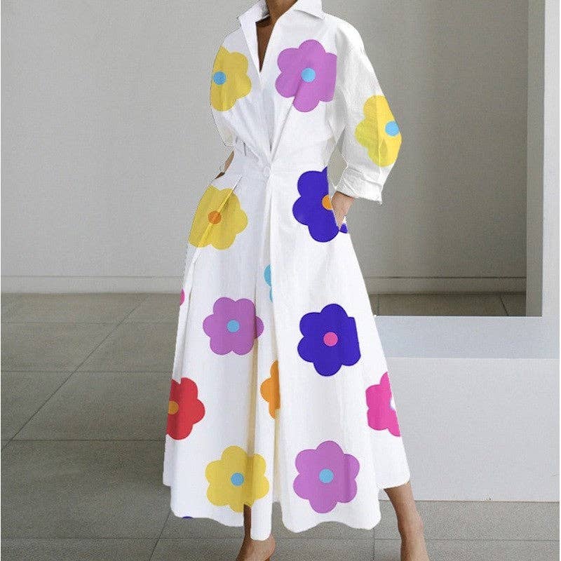 Stylish Printed Polo Neck Loose Fit Midi Dress