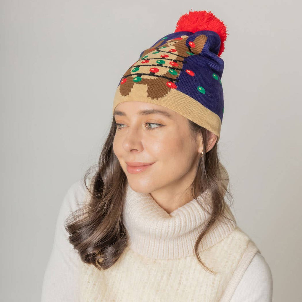 Holiday Bear Print Knit Beanie Hat