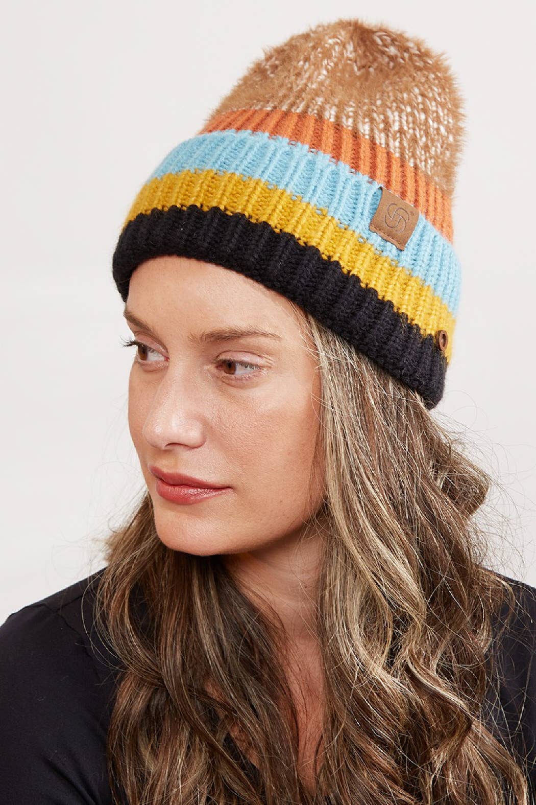 Mixed Color Knit Ribbed Beanie with Button