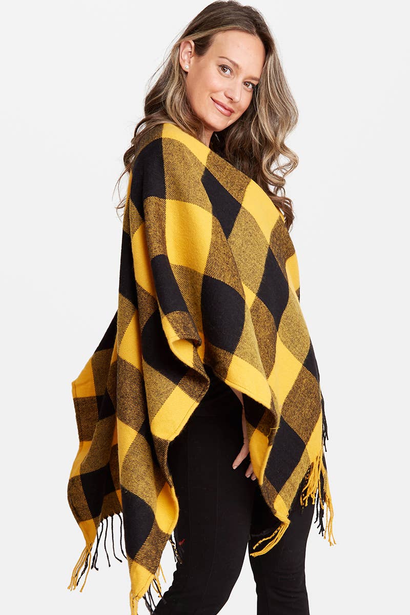 Buffalo Check Pattern Ruana Poncho with Fringes