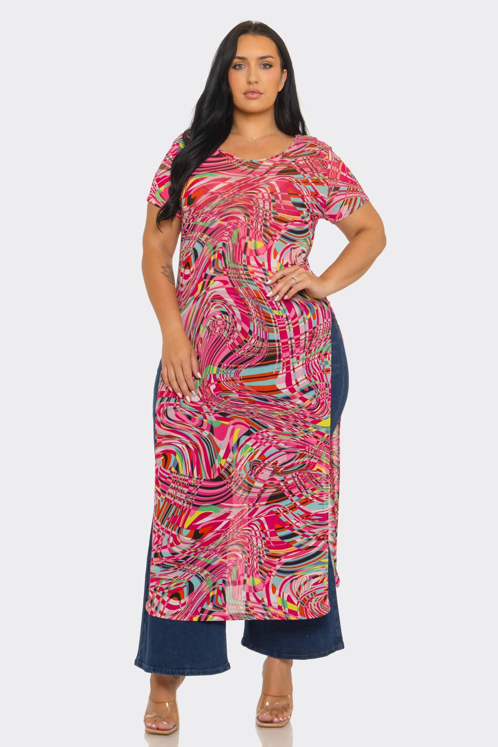 Plus Size Mesh Print Short Sleeve Side Slits Top