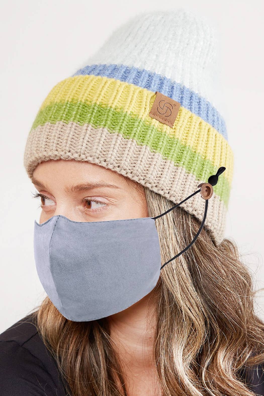 Mixed Color Knit Ribbed Beanie with Button