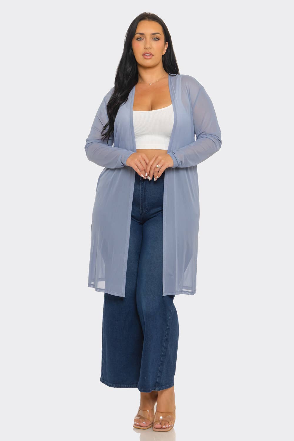 Plus Size Mesh Solid Side Slits Long Sleeve Cardigan