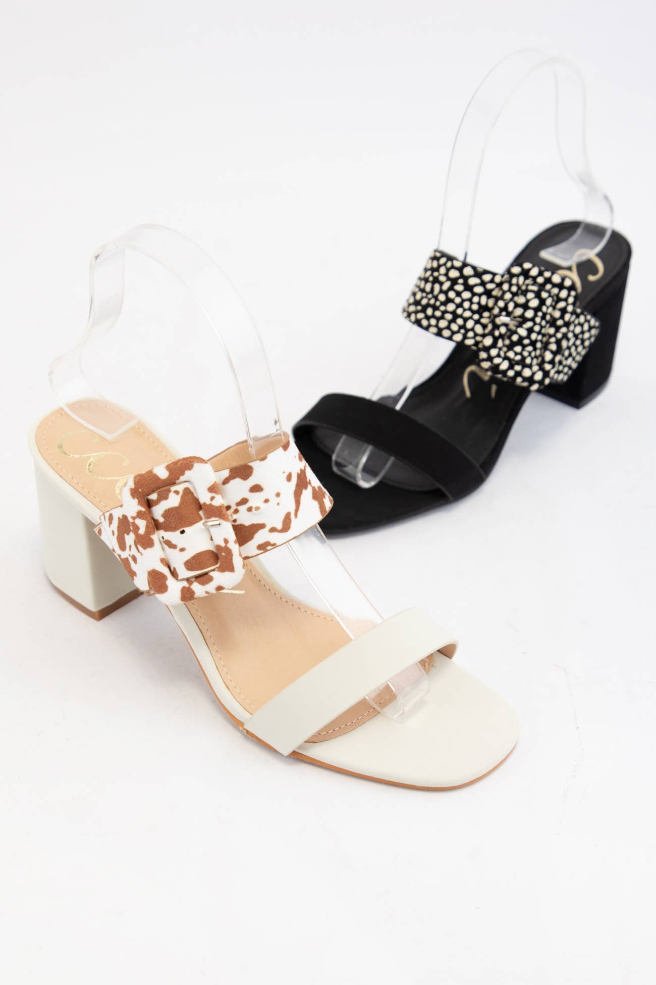 SALLY Double Strap Block Heel Sandals Pattern Strap Heels