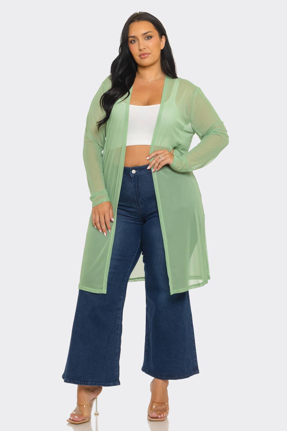 Plus Size Mesh Solid Side Slits Long Sleeve Cardigan
