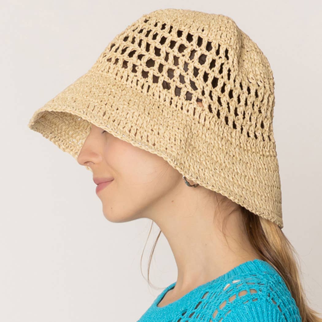 Solid Summer Beach Straw Crochet Bucket Hat