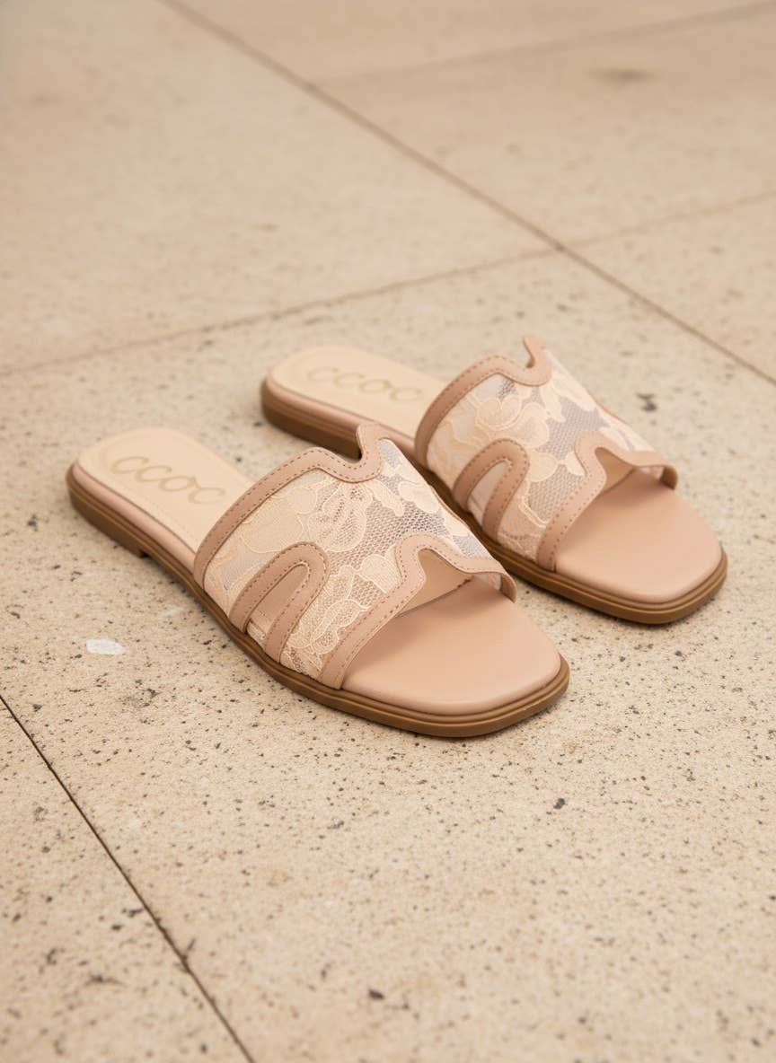 BRITNEY Lace Mesh Sandals  H-Cutout Square Toe Slides