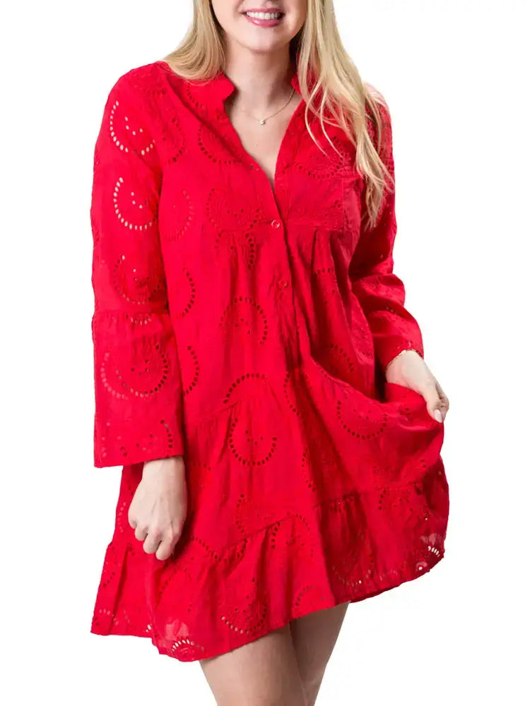Riley Eyelet Cotton Dress - Red - Limited Sizes
