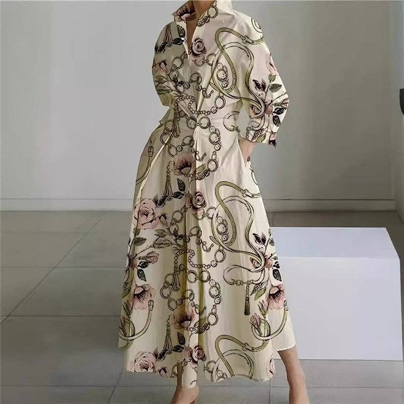 Stylish Printed Polo Neck Loose Fit Midi Dress