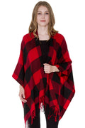 Buffalo Check Pattern Ruana Poncho with Fringes
