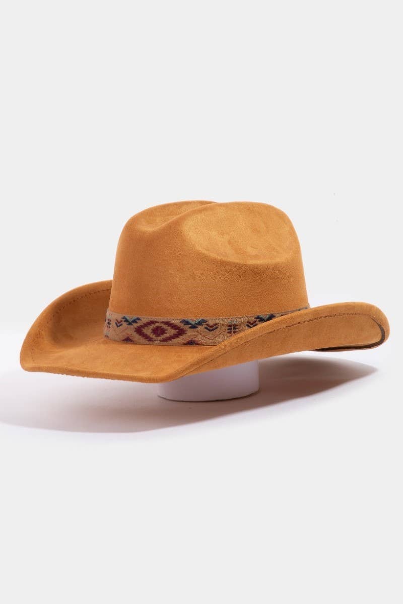 Boho Embroidered Strap Faux Suede Cowboy Hat