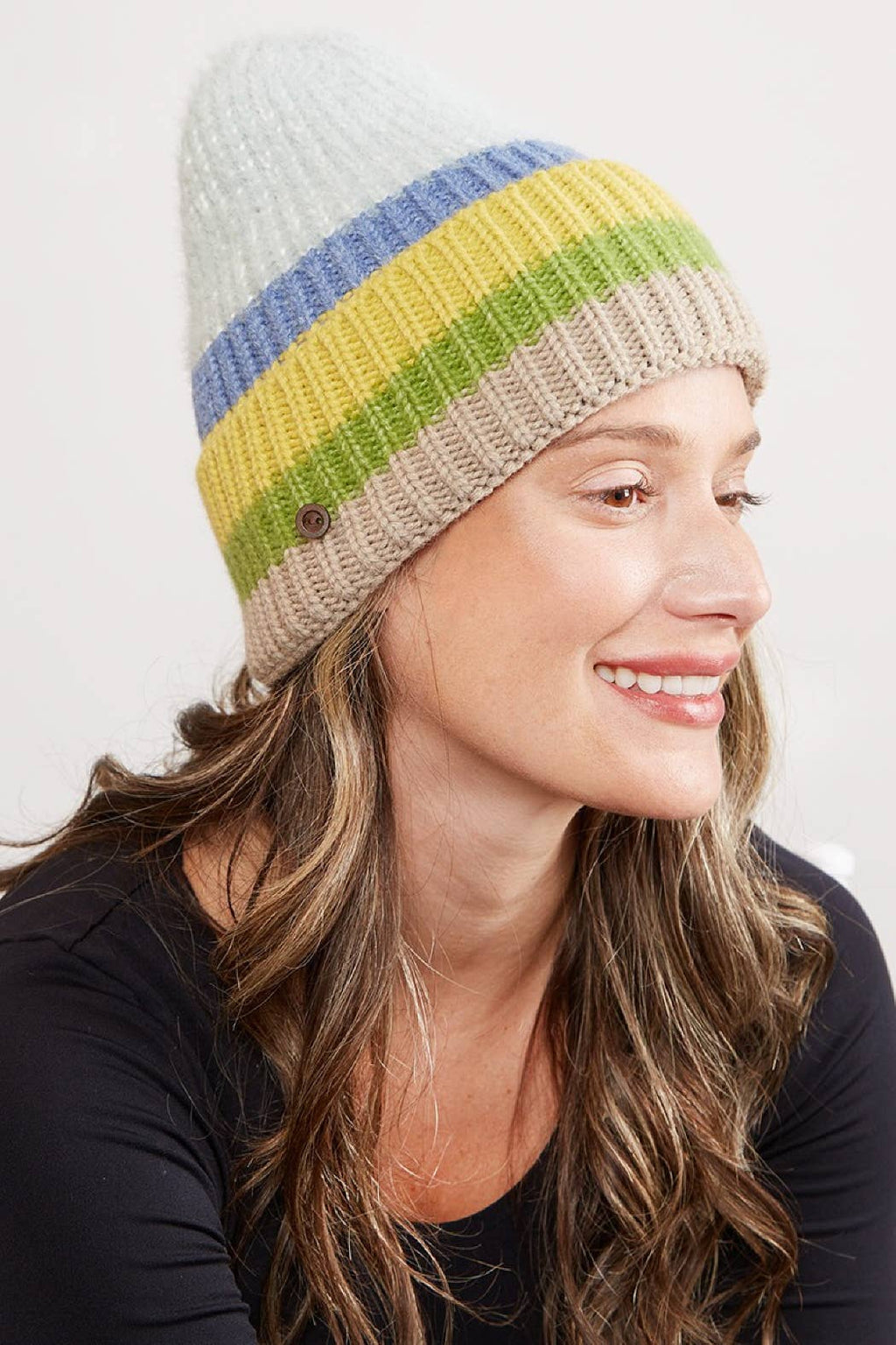 Mixed Color Knit Ribbed Beanie with Button