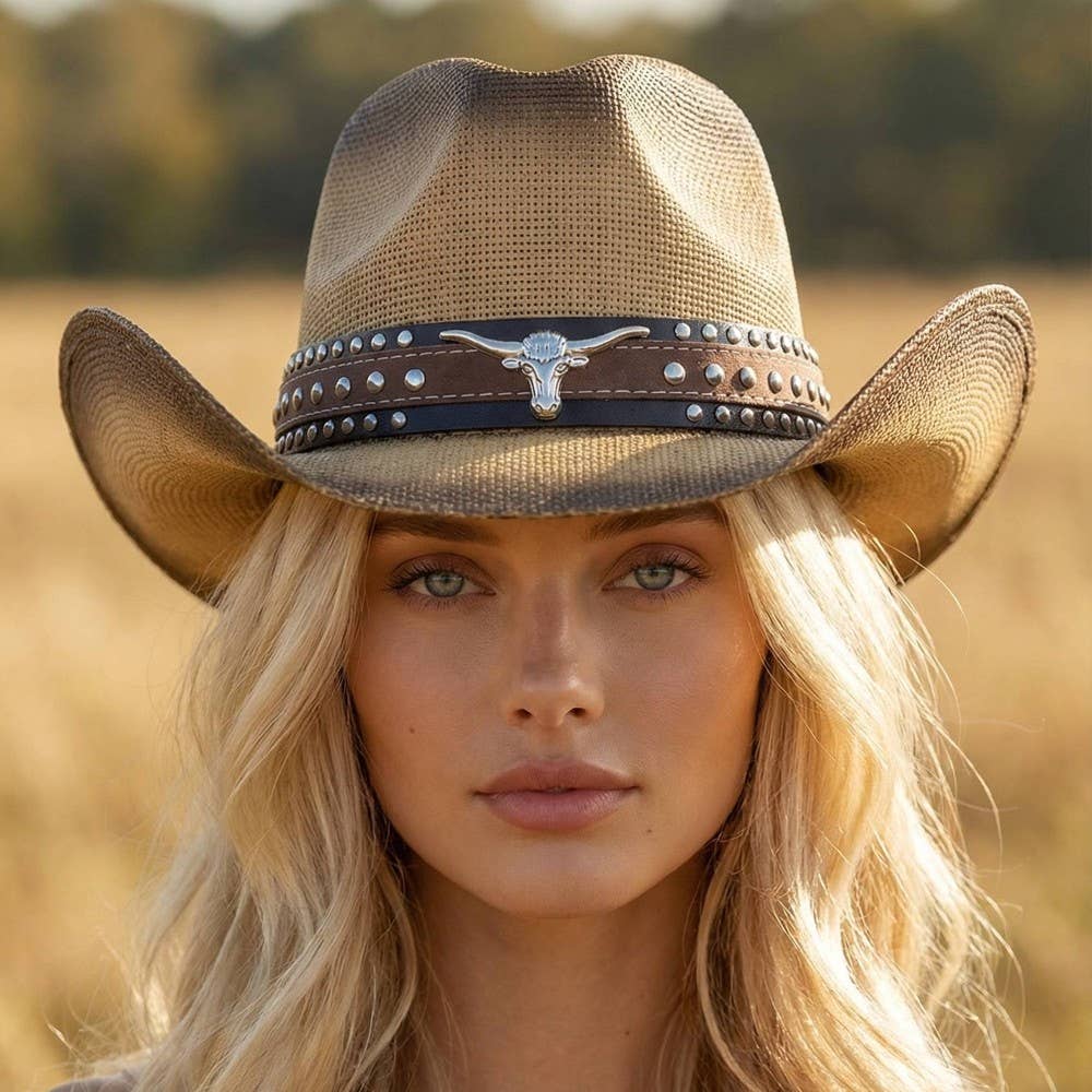 Western Long Horn Studded Strap Straw Cowboy Hat