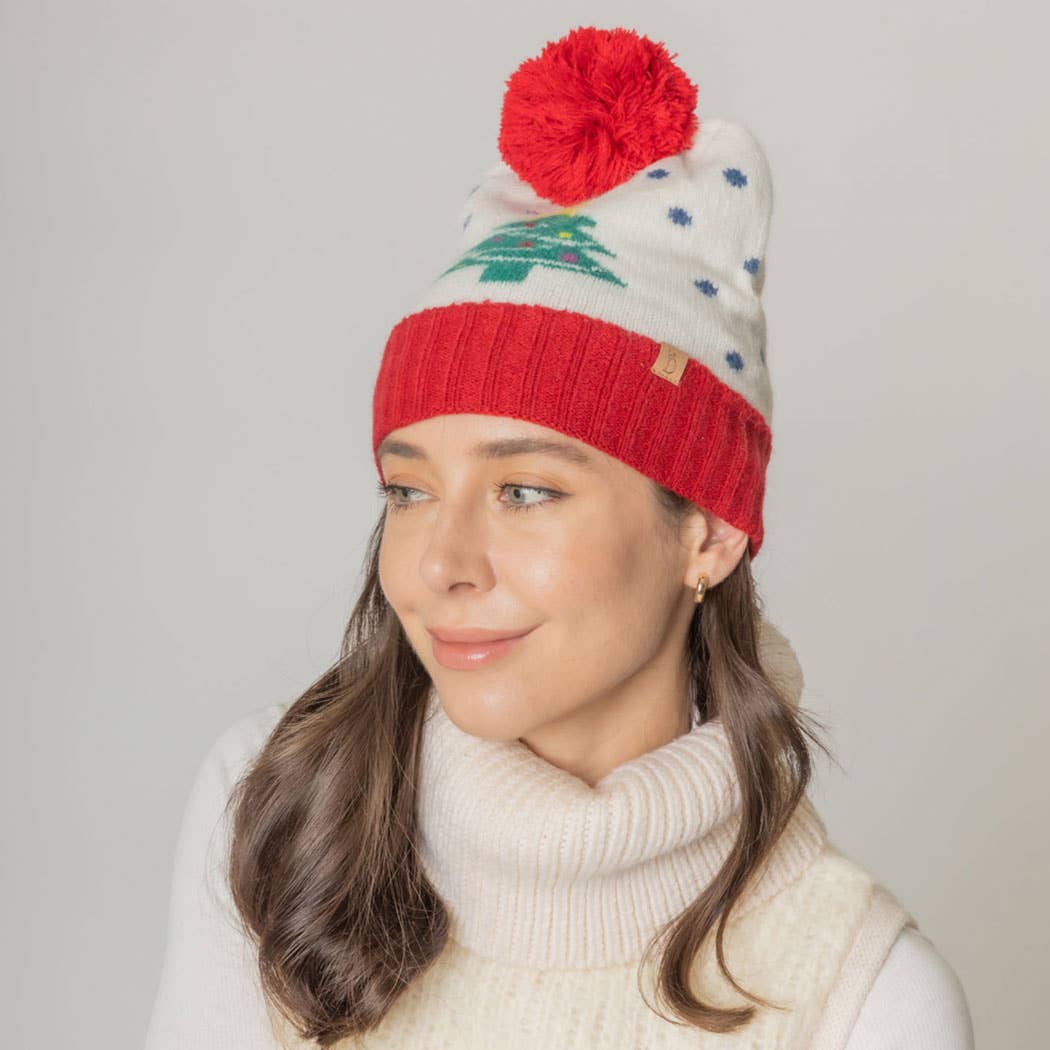 Holiday Treen Pattern Beanie Hat w Yarn Pom
