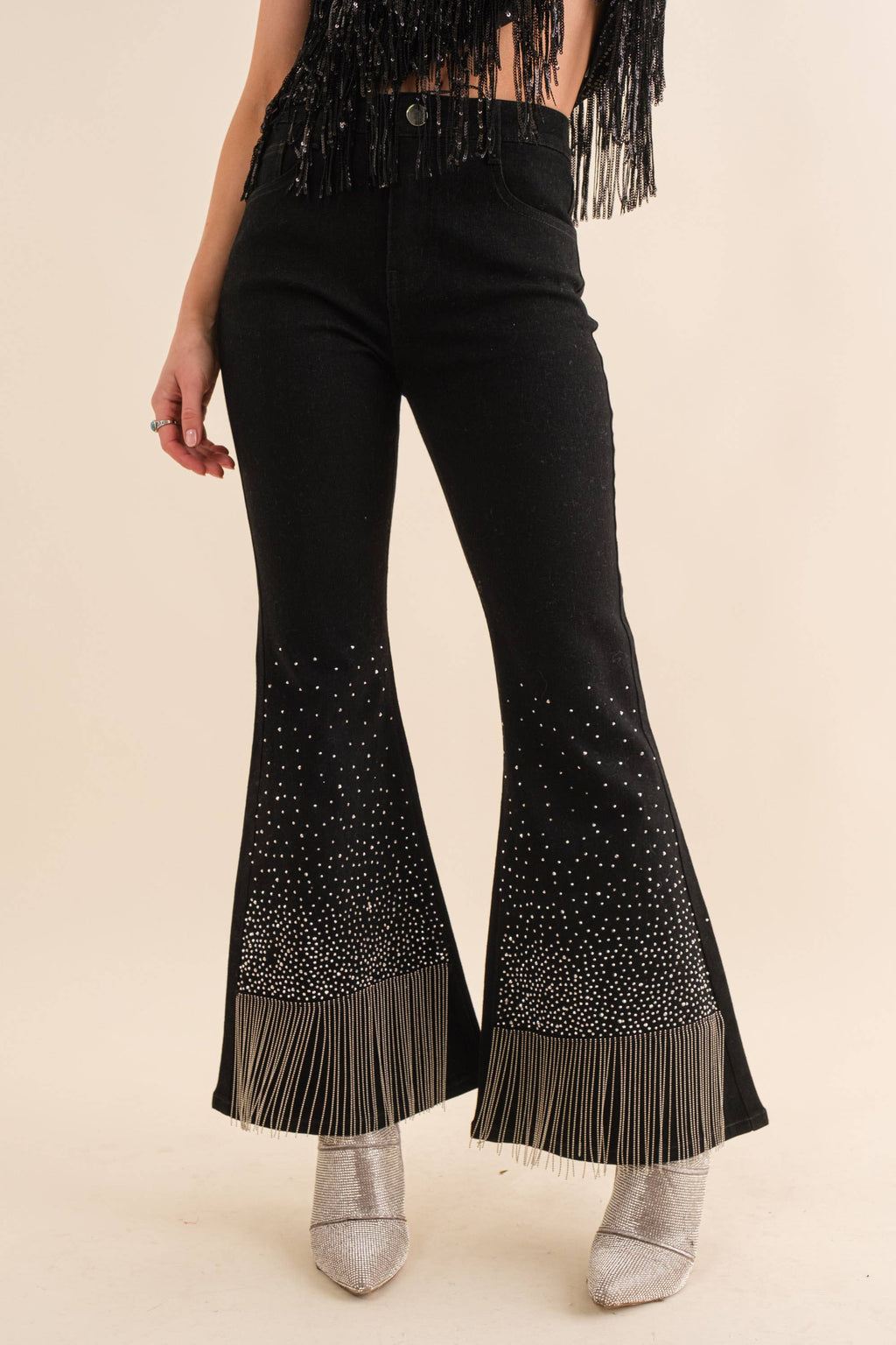 80018P - Cotton Stretch Studded Rhinestone Fringe Jeans