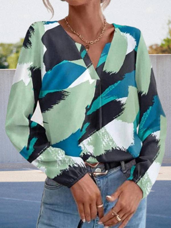 Long Sleeves Printed Split-Joint V-Neck Blouses & Shirts Tops
