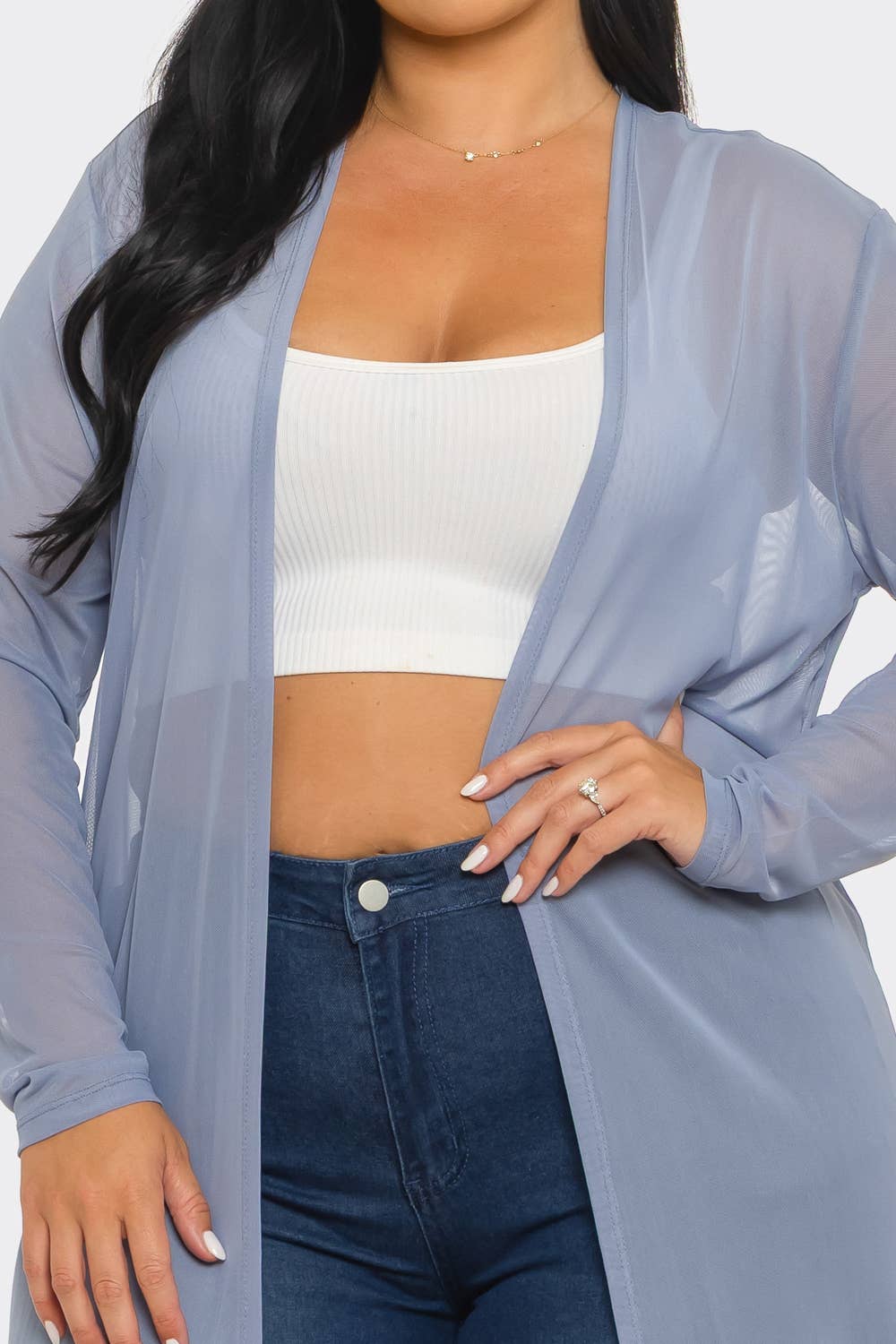 Plus Size Mesh Solid Side Slits Long Sleeve Cardigan