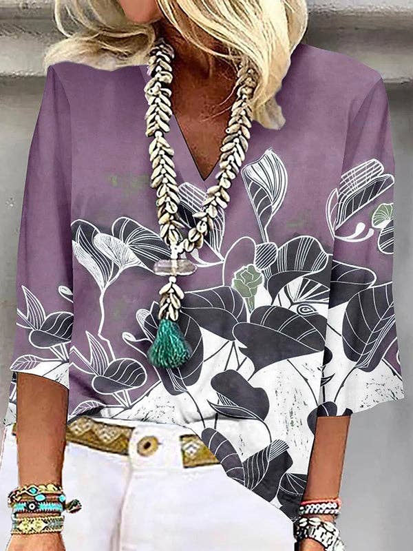 Loose Plus Size Flower Print Three-Quarter Sleeves V-Neck Blouses Tops