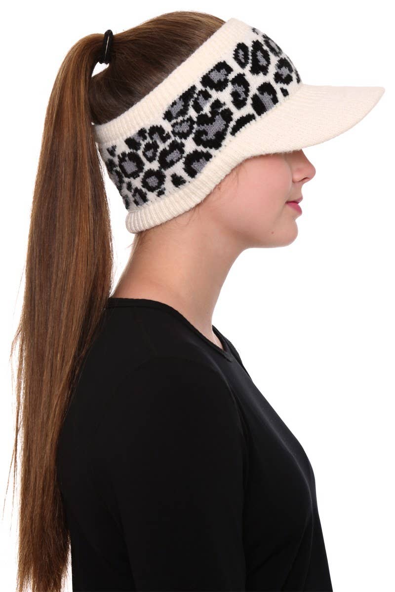 Leopard Detailed Ponytail Knitted Visor Hat