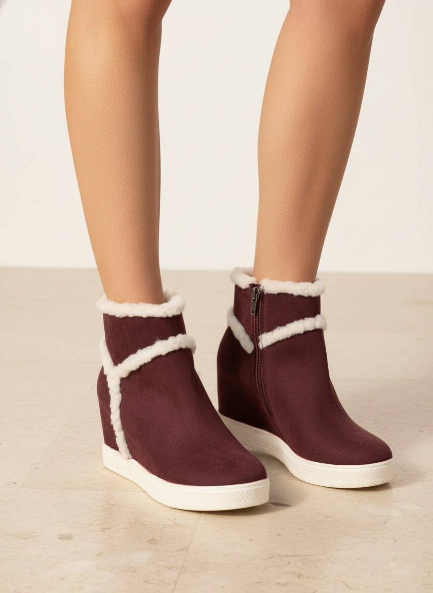 MAROON Womens Hidden Wedge Faux Suede Booties