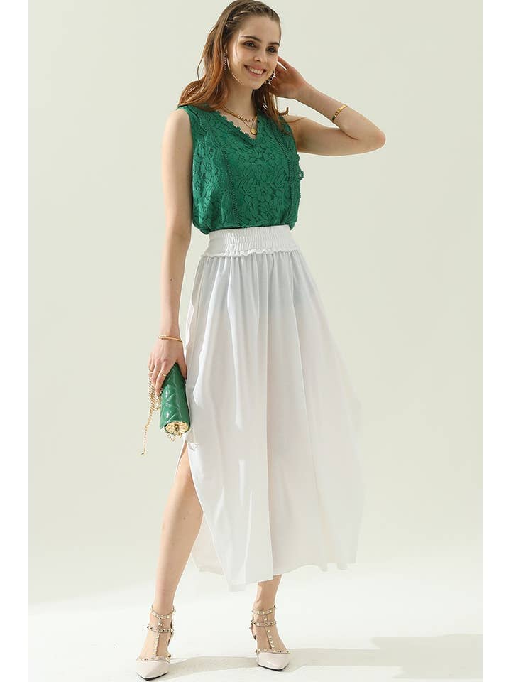 BANDED SMOCKING WAIST MAXI SKIRT WITH POCKET