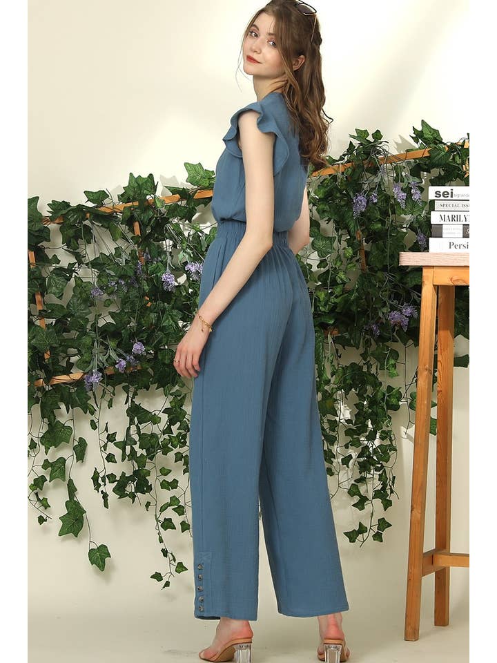 BANDED SMOCKING LONG PANTS WITH BUTTON DETAILED