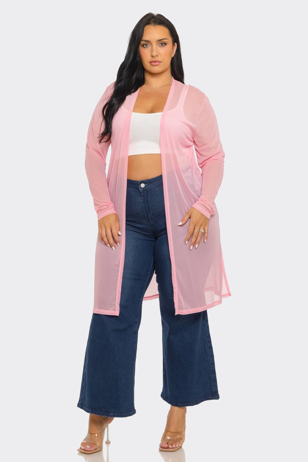 Plus Size Mesh Solid Side Slits Long Sleeve Cardigan