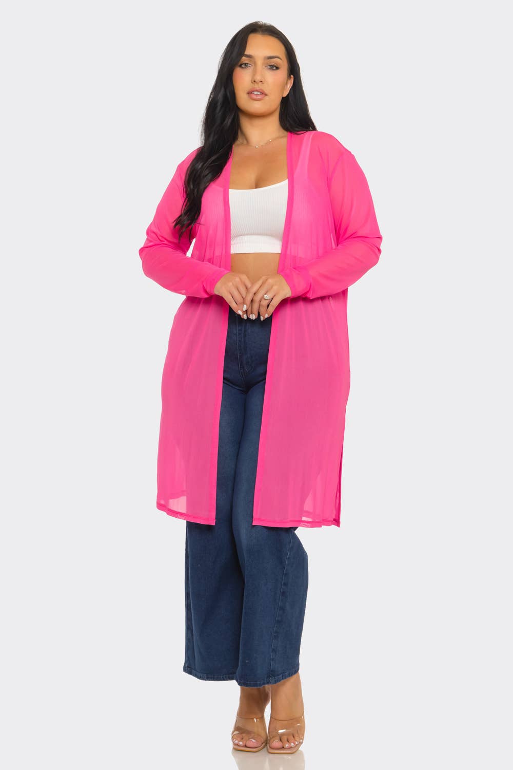 Plus Size Mesh Solid Side Slits Long Sleeve Cardigan