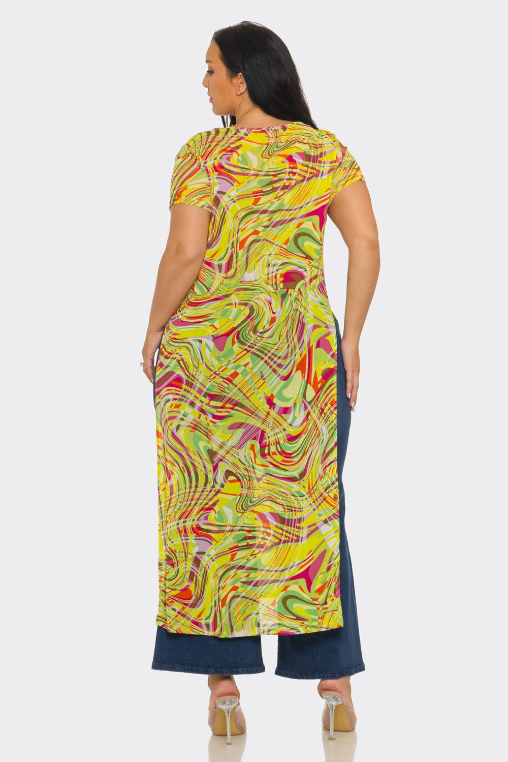 Plus Size Mesh Print Short Sleeve Side Slits Top