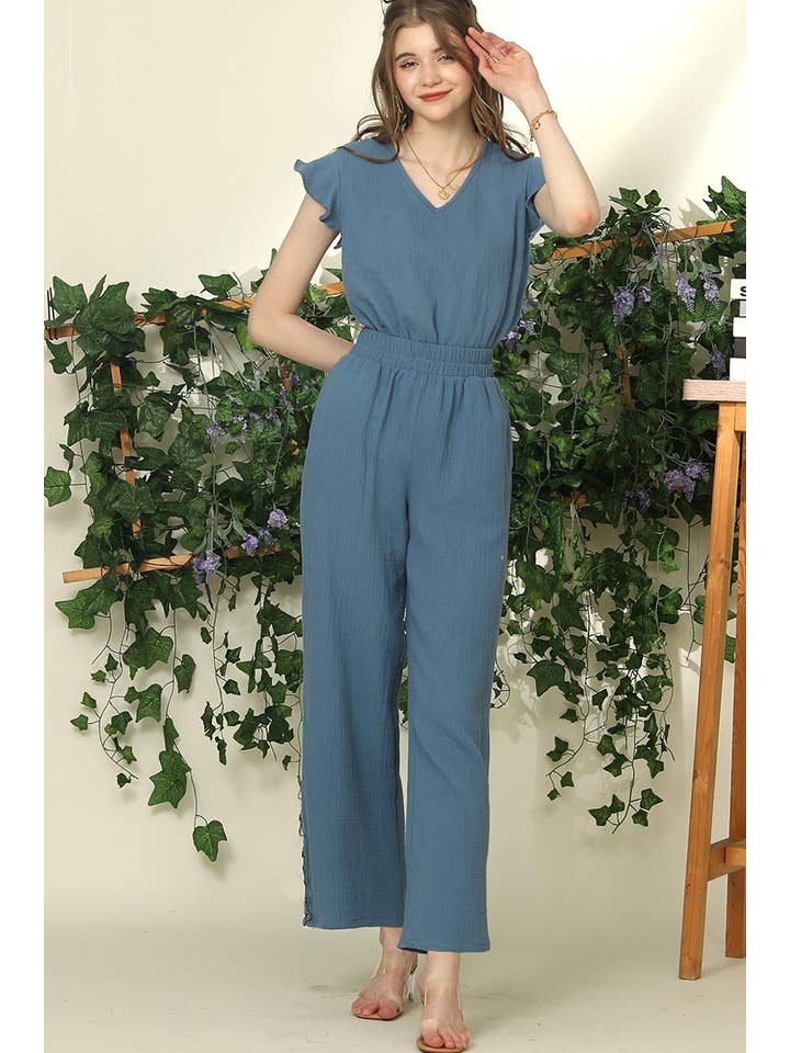 BANDED SMOCKING LONG PANTS WITH BUTTON DETAILED