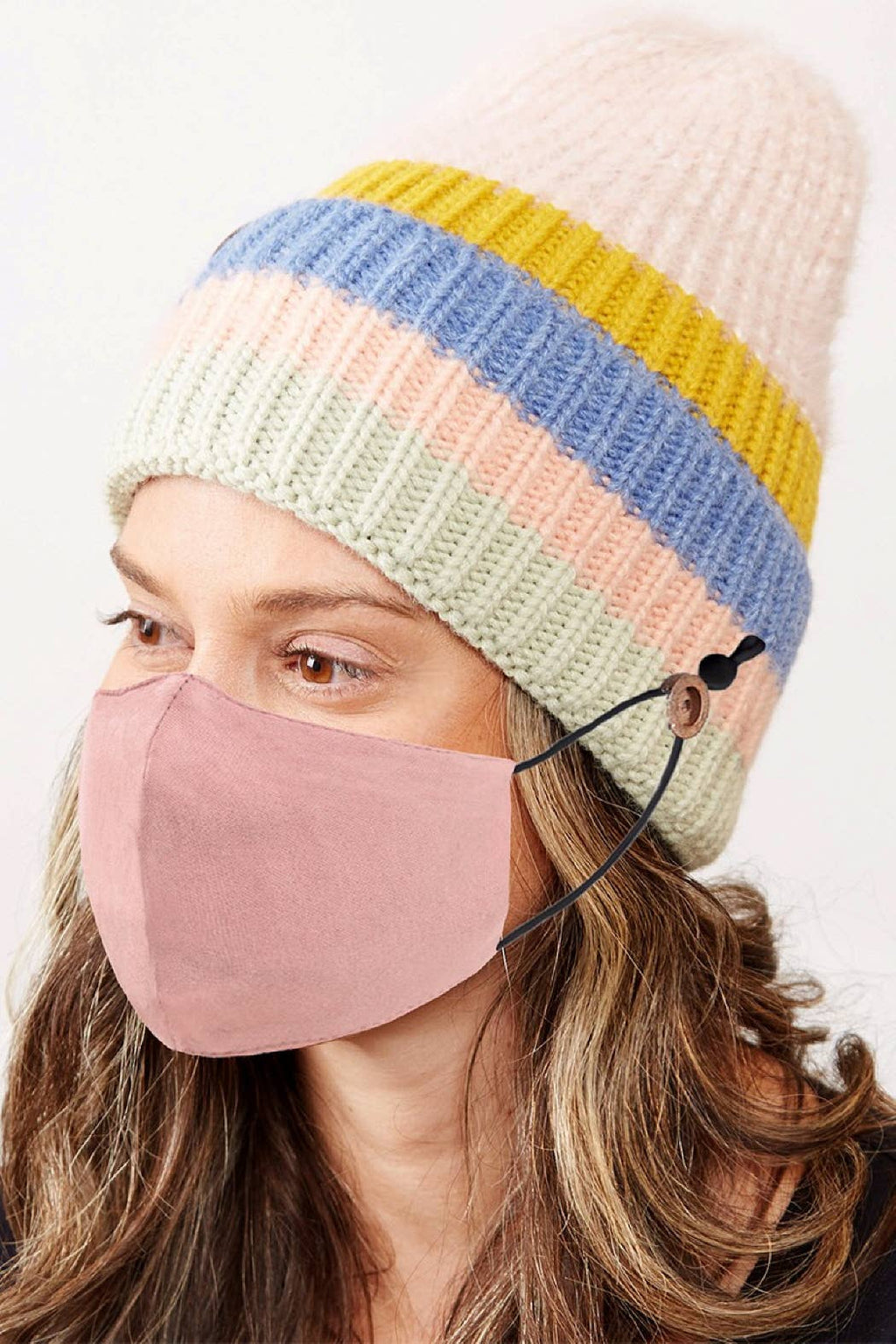 Mixed Color Knit Ribbed Beanie with Button