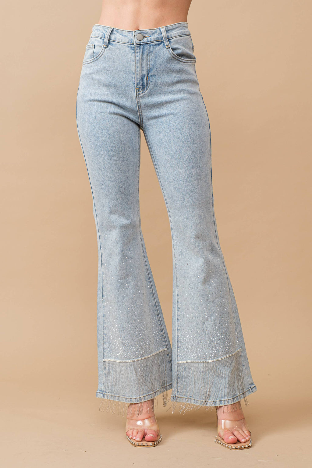 80018P - Cotton Stretch Studded Rhinestone Fringe Jeans