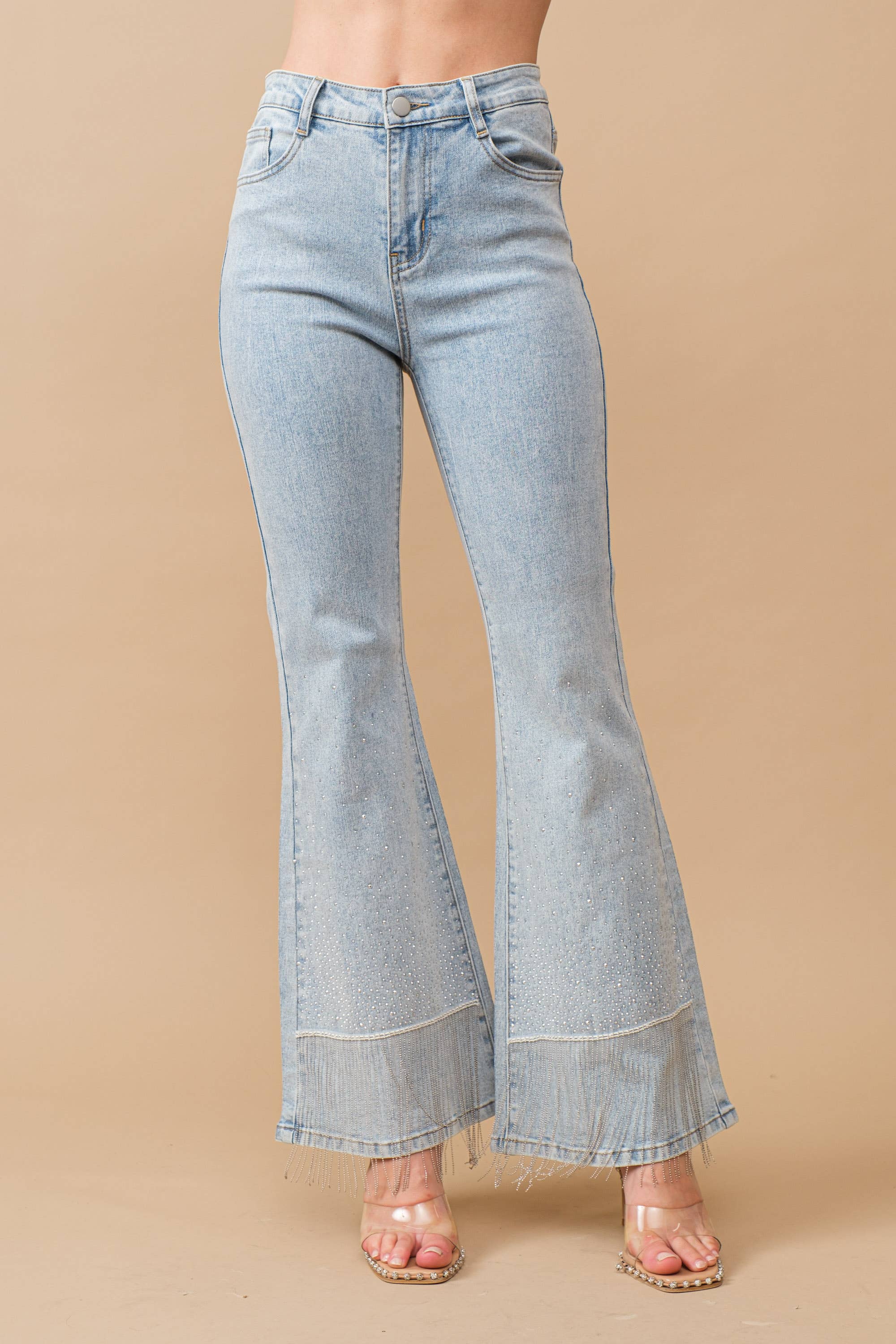 80018P - Cotton Stretch Studded Rhinestone Fringe Jeans
