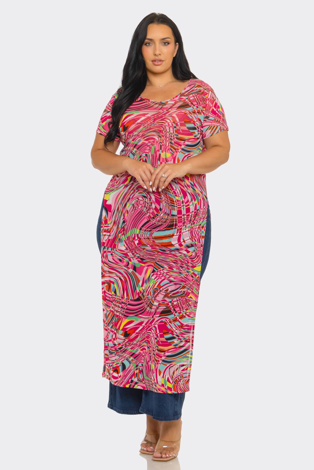 Plus Size Mesh Print Short Sleeve Side Slits Top