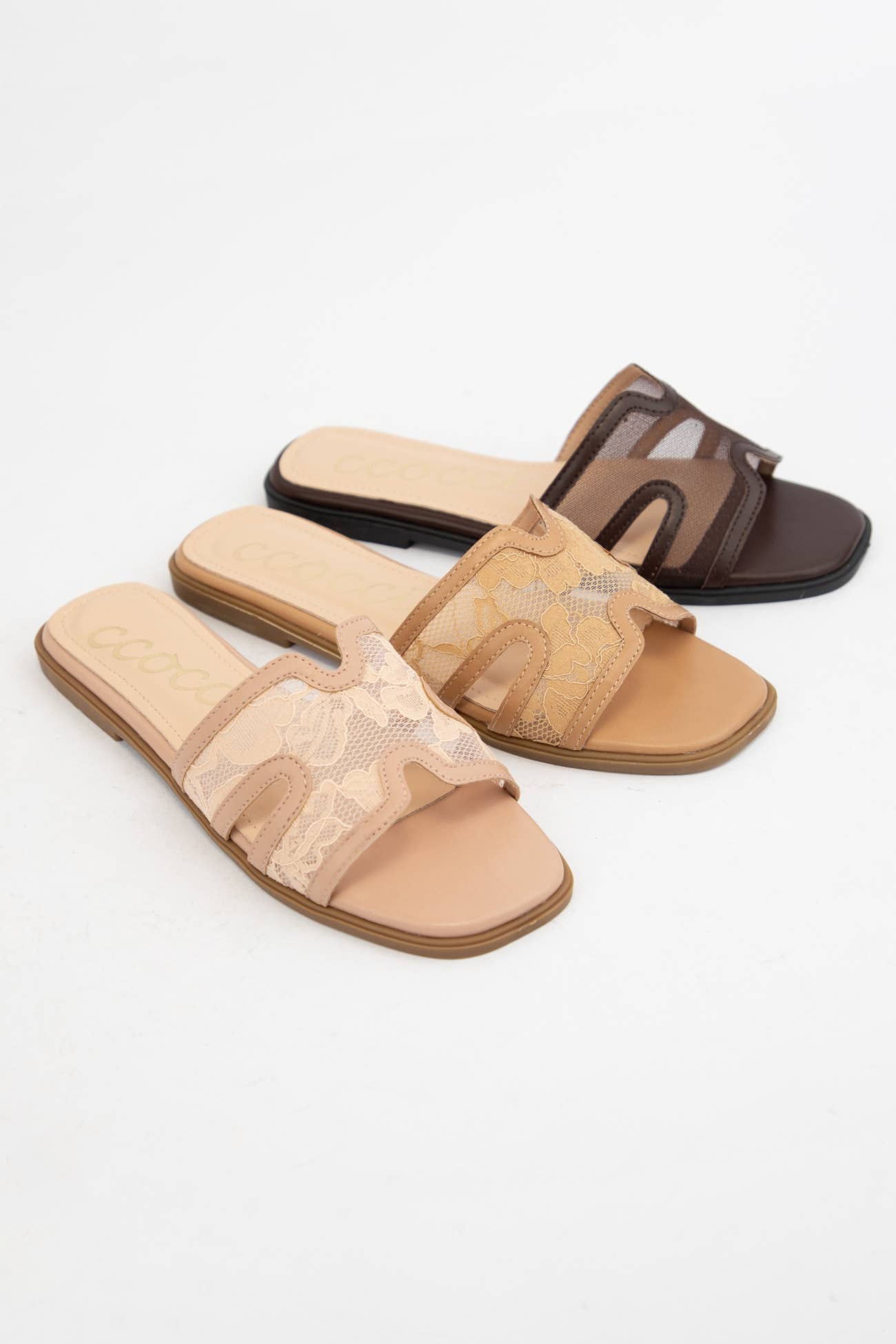 BRITNEY Lace Mesh Sandals  H-Cutout Square Toe Slides