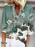 Loose Plus Size Flower Print Three-Quarter Sleeves V-Neck Blouses Tops