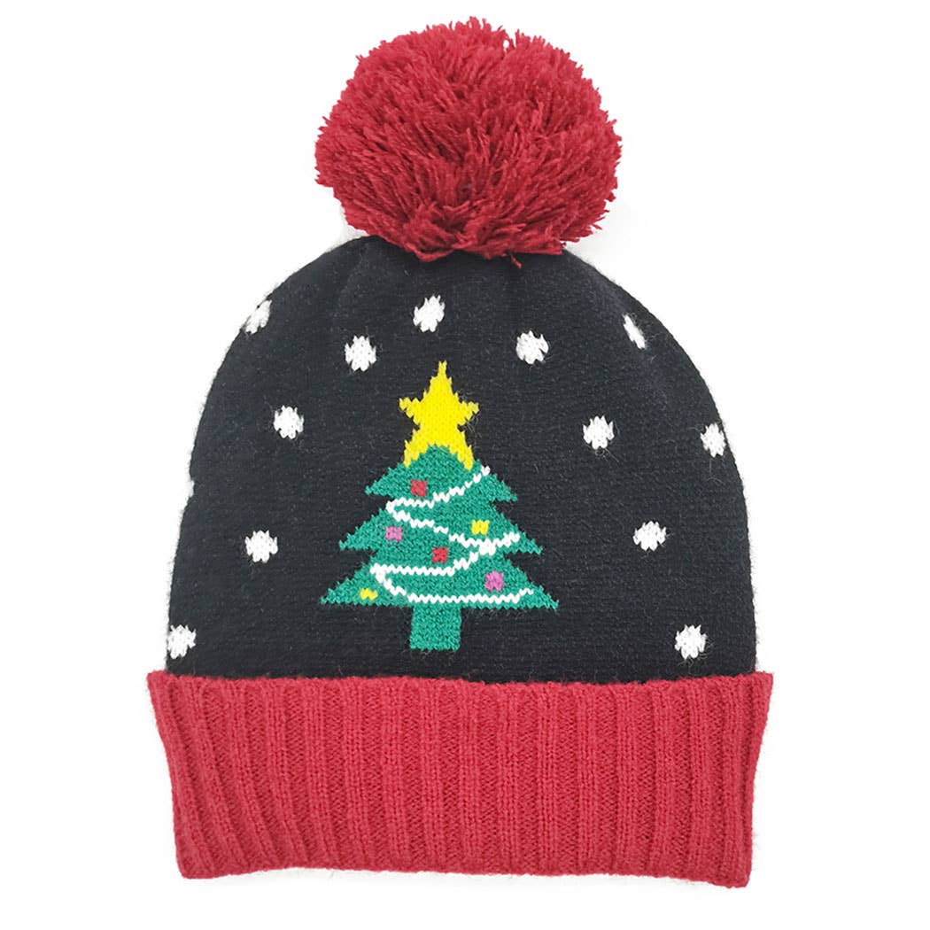 Holiday Treen Pattern Beanie Hat w Yarn Pom