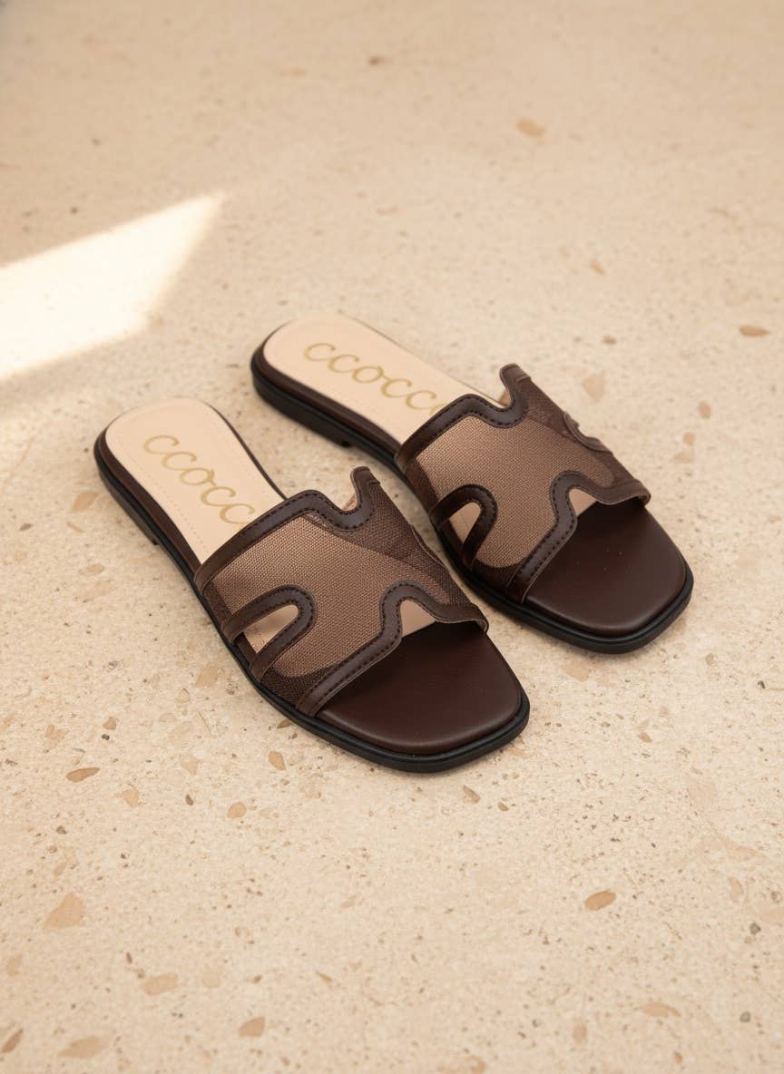 BRITNEY Lace Mesh Sandals  H-Cutout Square Toe Slides