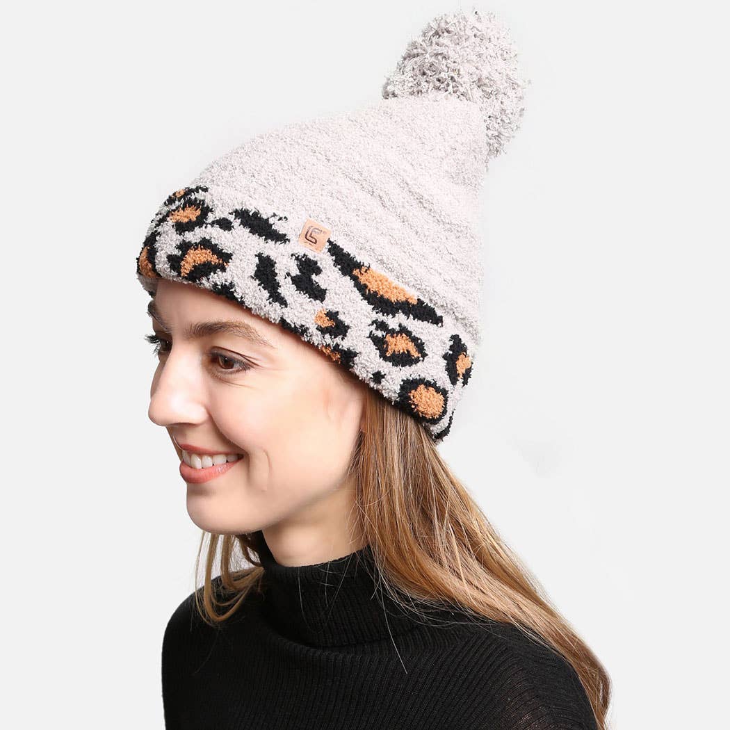 Luxury Soft Beanie Hat w Leopard Print Cuff