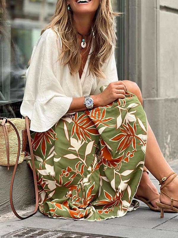 High Waisted Loose Elasticity Flower Print Pleated Split-Joint Skirts Bottoms