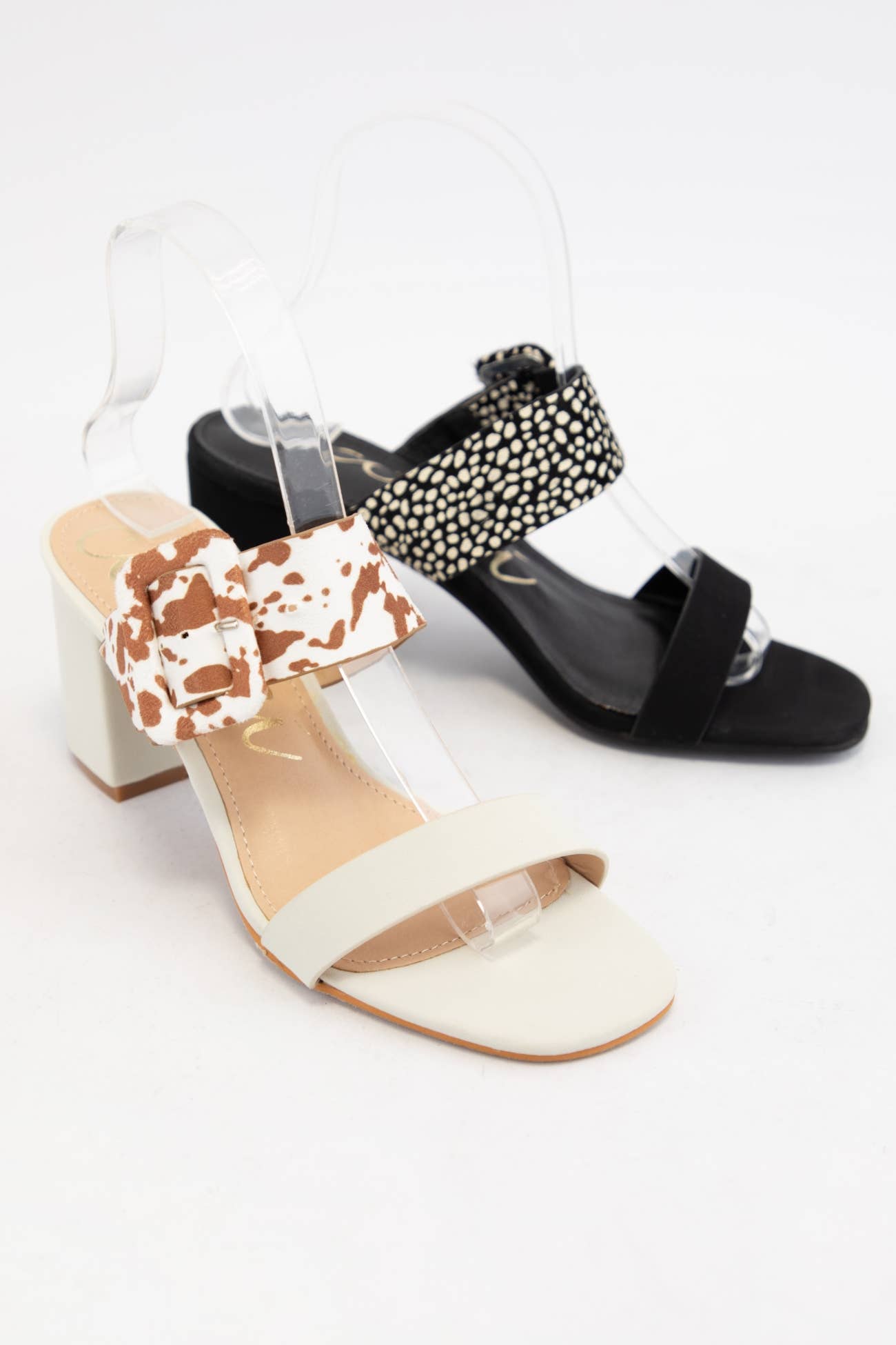 SALLY Double Strap Block Heel Sandals Pattern Strap Heels