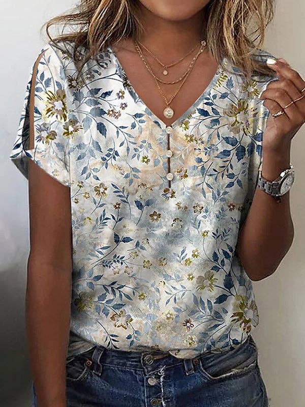 Loose Plus Size Buttoned Flower Print Hollow V-Neck Blouses Tops