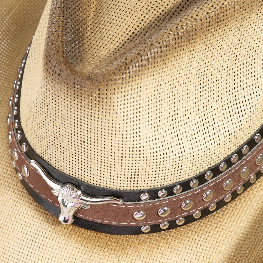 Western Long Horn Studded Strap Straw Cowboy Hat