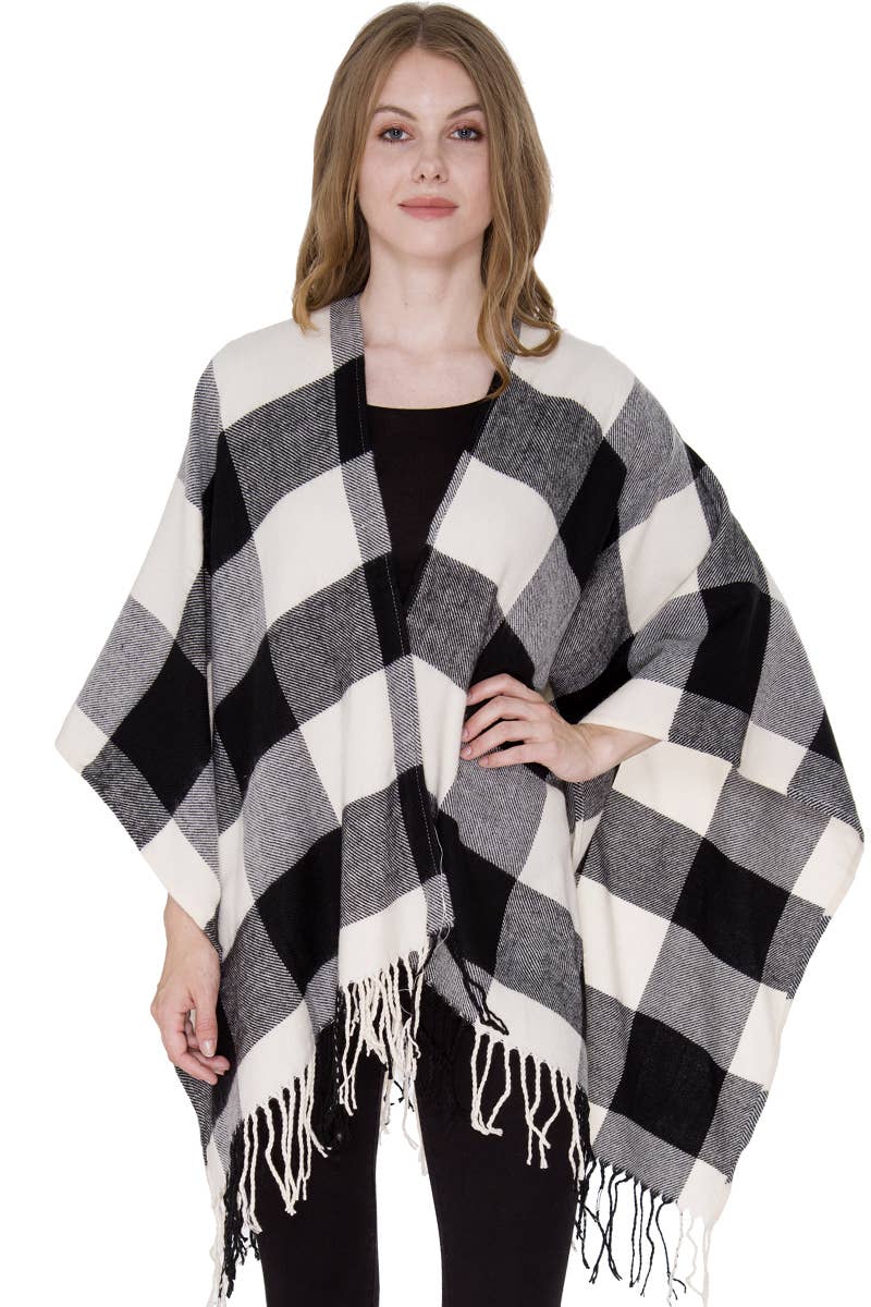 Buffalo Check Pattern Ruana Poncho with Fringes