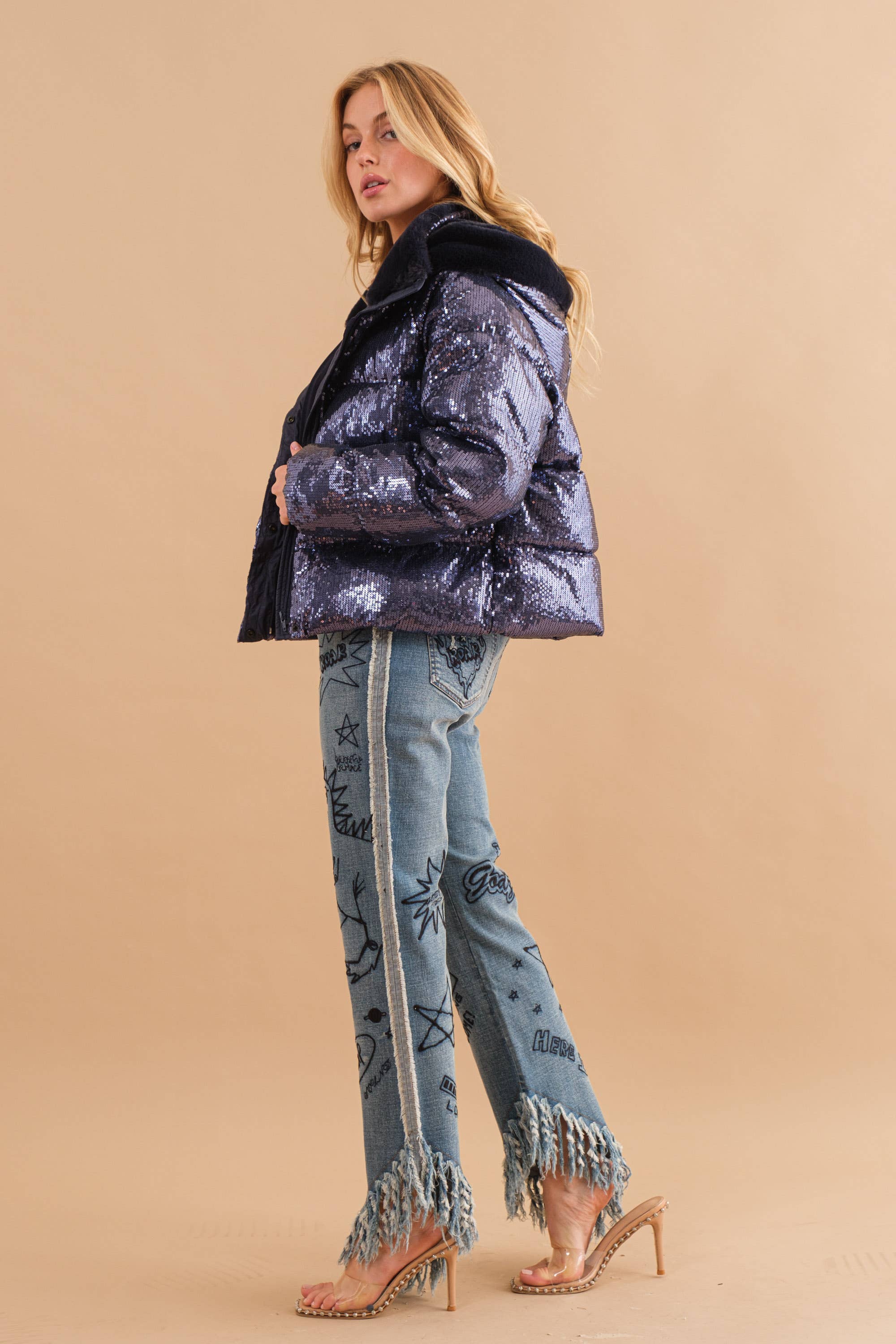 34172J - Sequin Puffer Quilted Fur Hooded Zip Up Coat