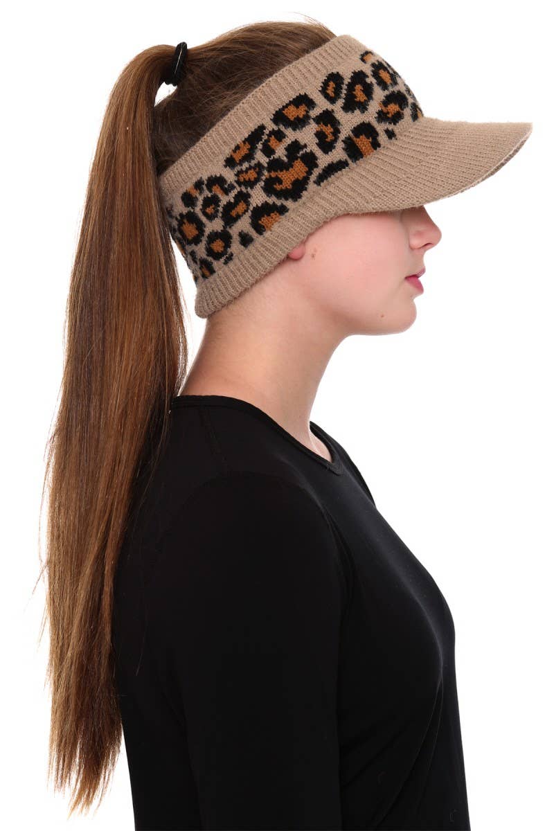 Leopard Detailed Ponytail Knitted Visor Hat