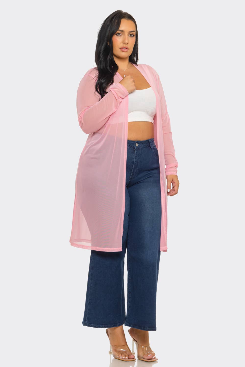 Plus Size Mesh Solid Side Slits Long Sleeve Cardigan