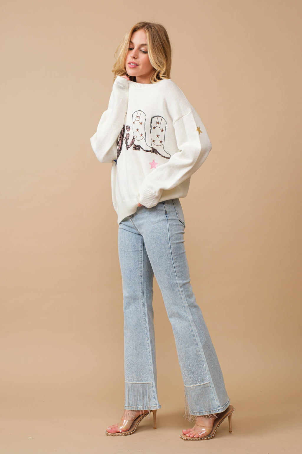 80018P - Cotton Stretch Studded Rhinestone Fringe Jeans