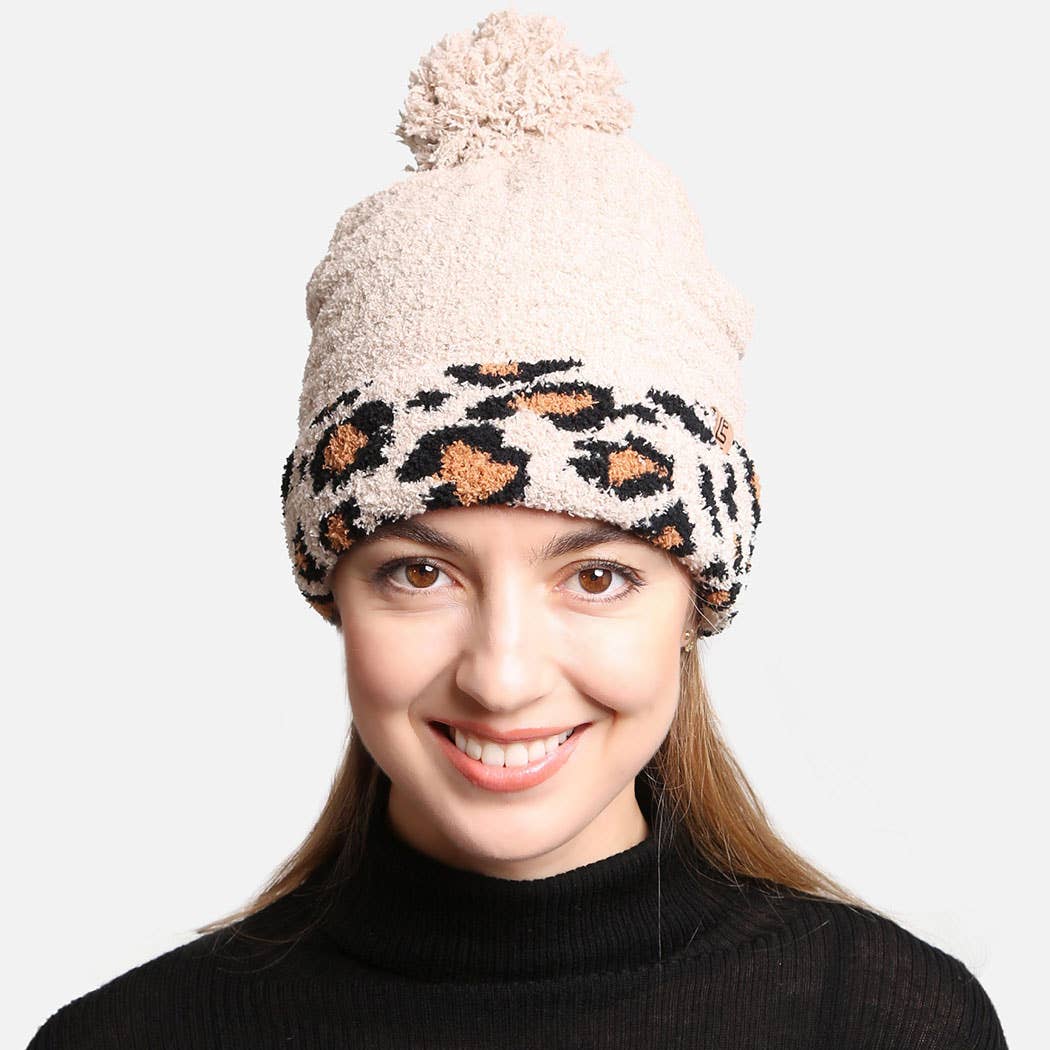 Luxury Soft Beanie Hat w Leopard Print Cuff