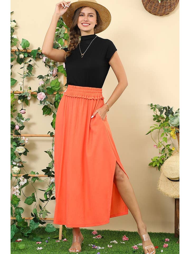 BANDED SMOCKING WAIST MAXI SKIRT WITH POCKET